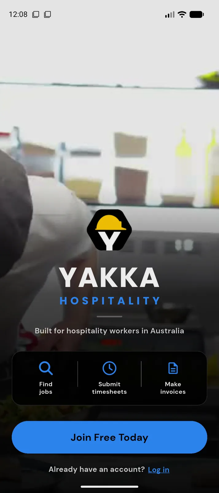 Yakka Hospitality app welcome screen on a phone