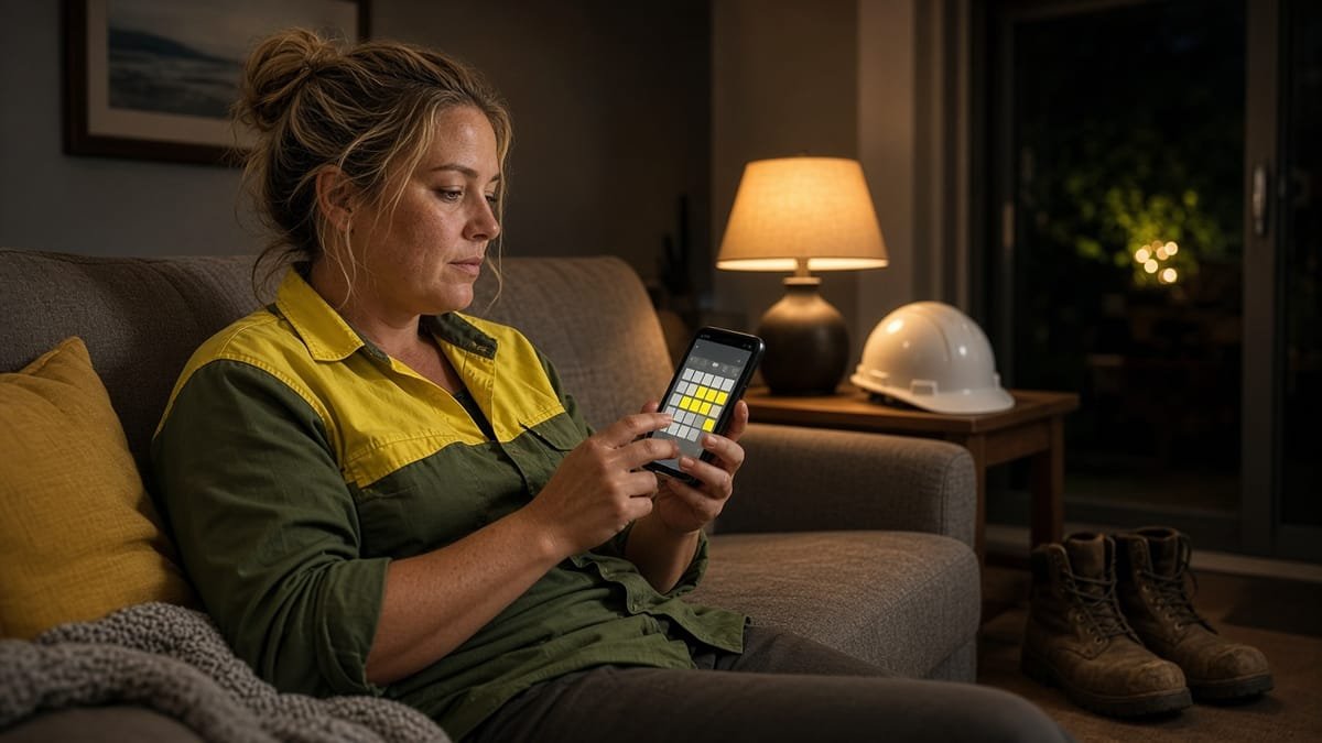 Female labourer in a hi-vis work shirt on her couch in the evening, checking a calendar on her phone