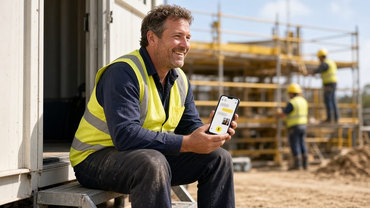 Site manager sitting on a site container step, smiling as he records a voice note on his phone with workers on scaffolding behind
