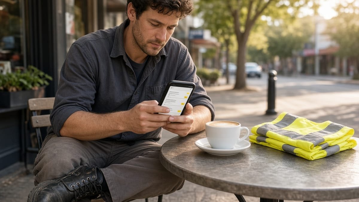 Worker at a suburban cafe table scrolling job listings on his phone, with a folded hi-vis vest beside his coffee