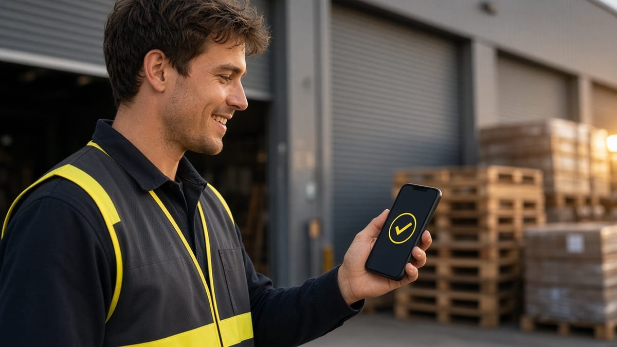 Smiling warehouse worker in a hi-vis vest outside a warehouse, looking at a payment confirmation on his phone