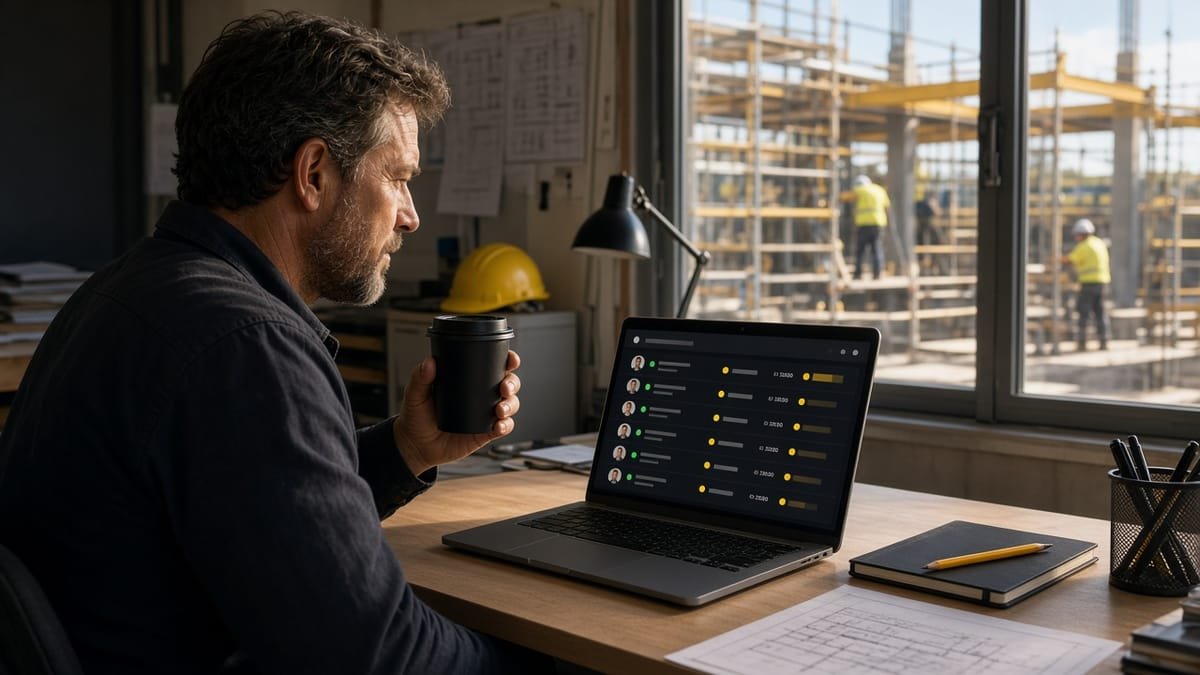 Builder with a coffee watching a laptop dashboard of workers with status dots and timers, crew on scaffolding outside