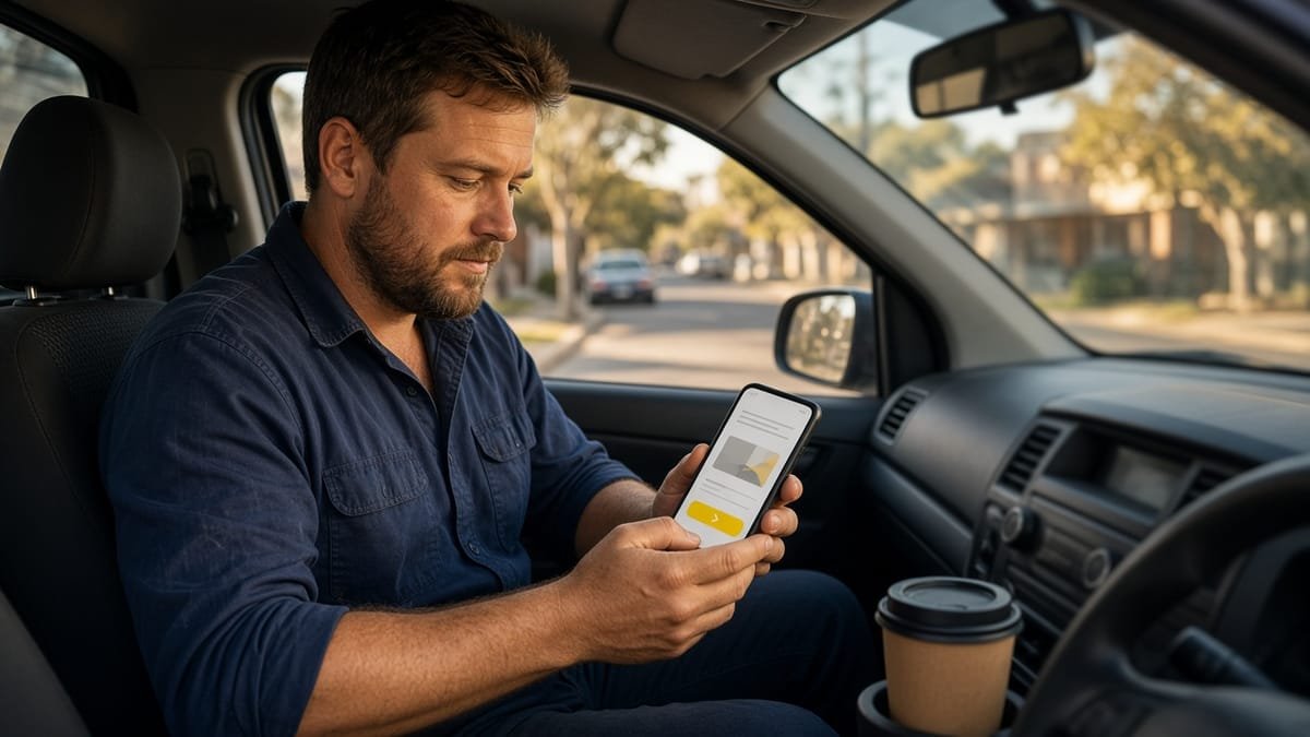 Tradie in a navy work shirt sitting in his ute, preparing an invoice on his phone after work