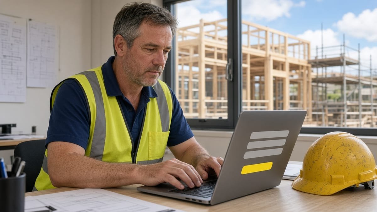 Site manager in a hi-vis vest typing a job post on a laptop in a site office, timber frames visible through the window