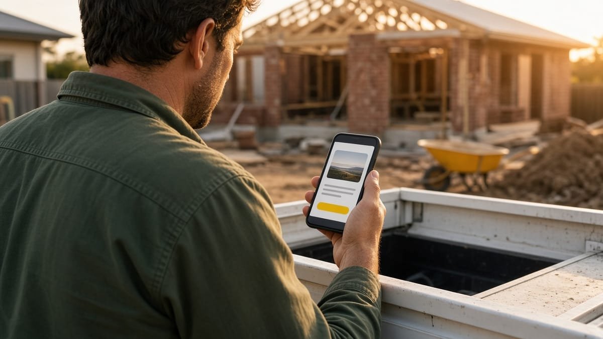 Tradie leaning on the tray of a white ute at a brick house build, writing a short job post with a photo on his phone