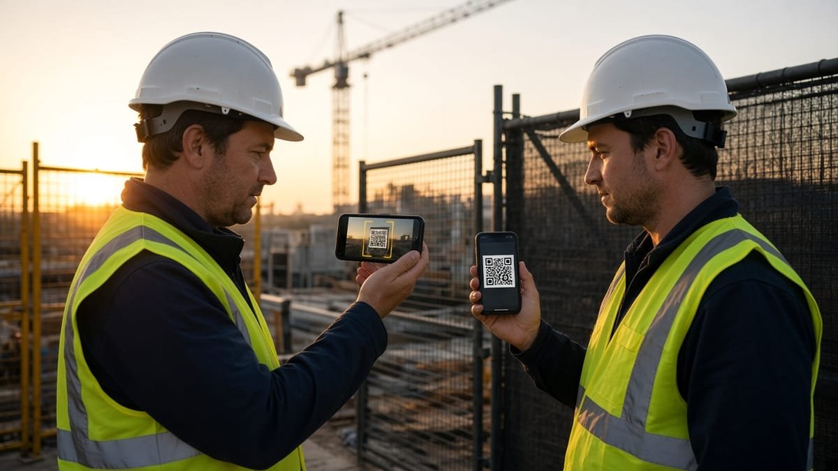 Supervisor at a construction gate at sunrise scanning the QR code on a worker’s phone with his own phone