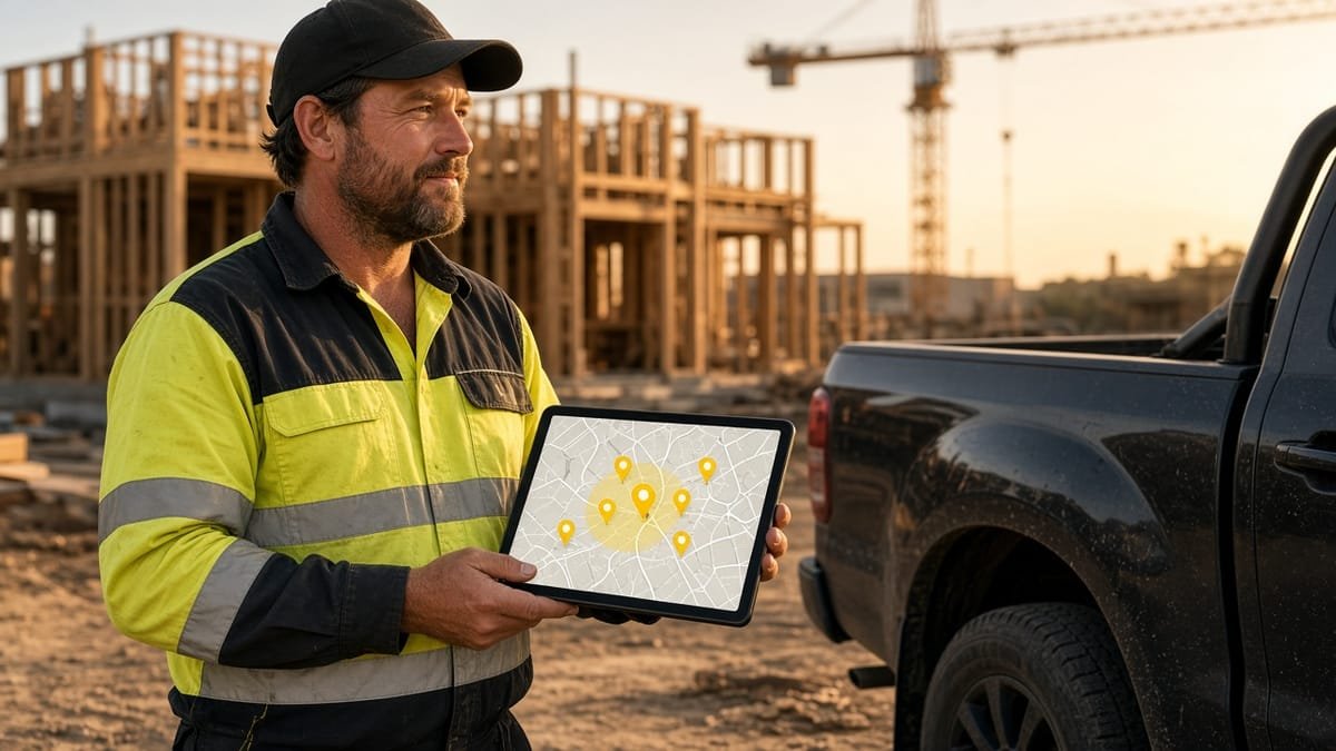 Builder next to his ute at a construction site holding a tablet with a map of yellow worker pins around the site